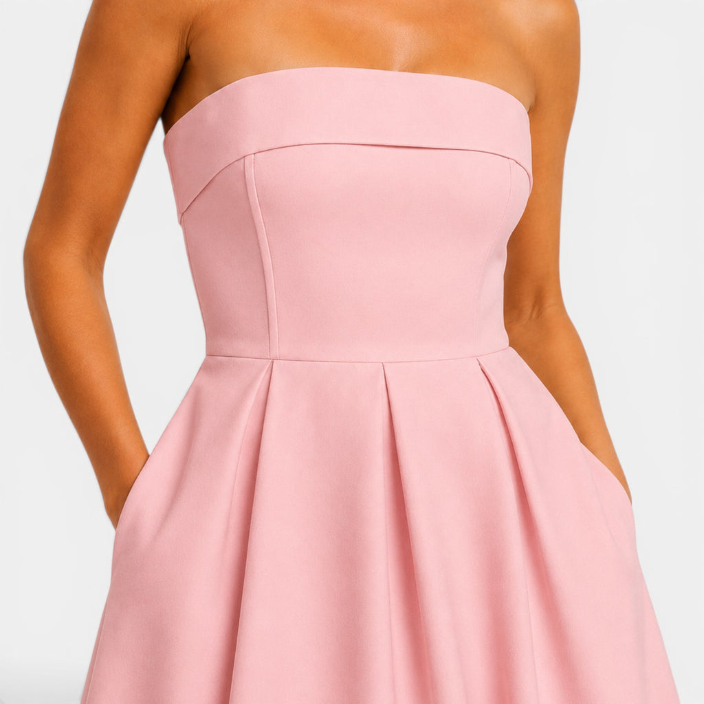 Monvaline | Women's Elegant Tube Top Dress – Pleated Formal Midi Dress