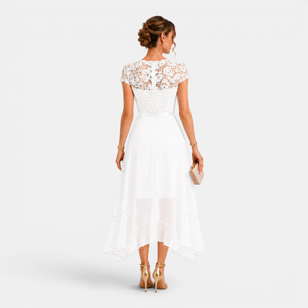 Monvaline | Women's Lace Midi Dress V-Neck Elegant A-Line High Waist Dress