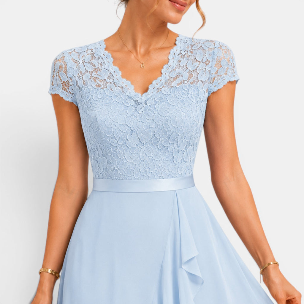 Monvaline | Women's Lace Midi Dress V-Neck Elegant A-Line High Waist Dress