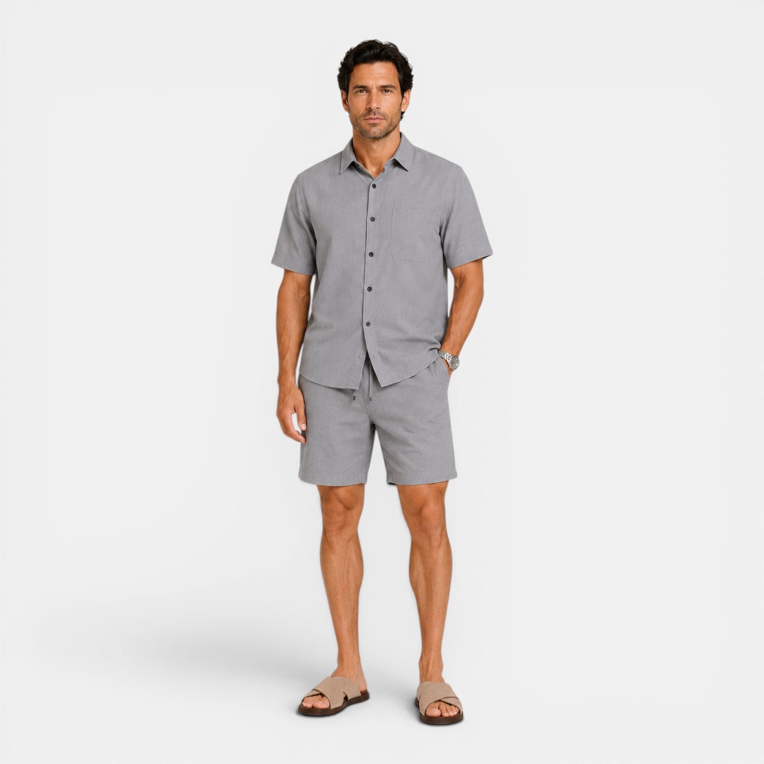 Monvaline | Men's Linen Blend Shirt and Shorts Set Breathable Summer Wear