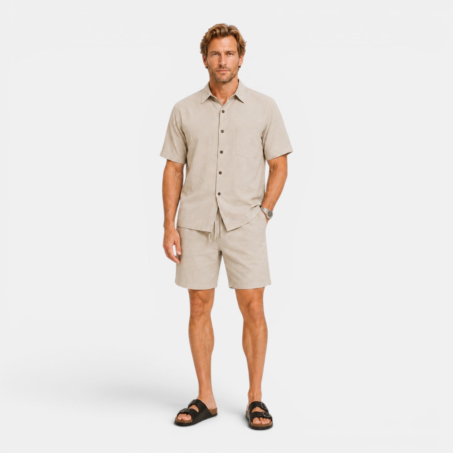 Monvaline | Men's Linen Blend Shirt and Shorts Set Breathable Summer Wear