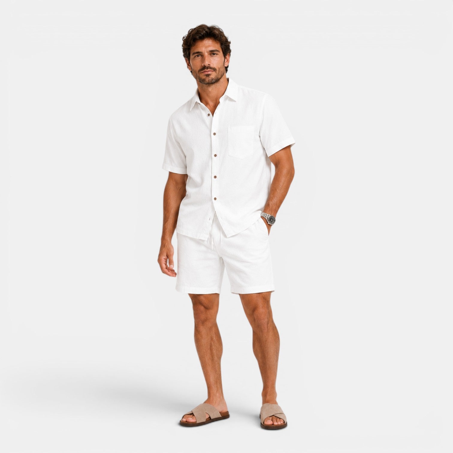 Monvaline | Men's Linen Blend Shirt and Shorts Set Breathable Summer Wear