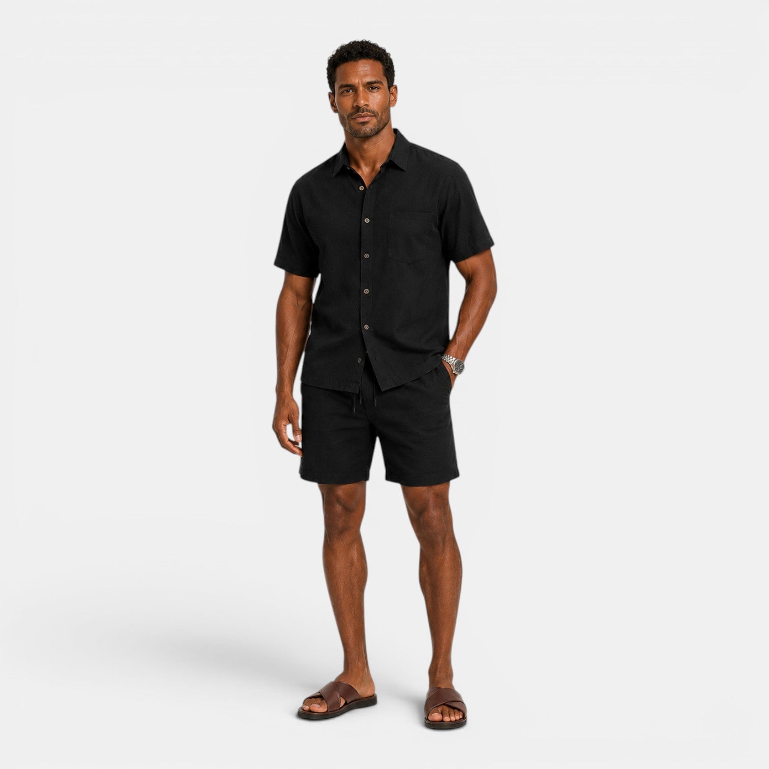 Monvaline | Men's Linen Blend Shirt and Shorts Set Breathable Summer Wear