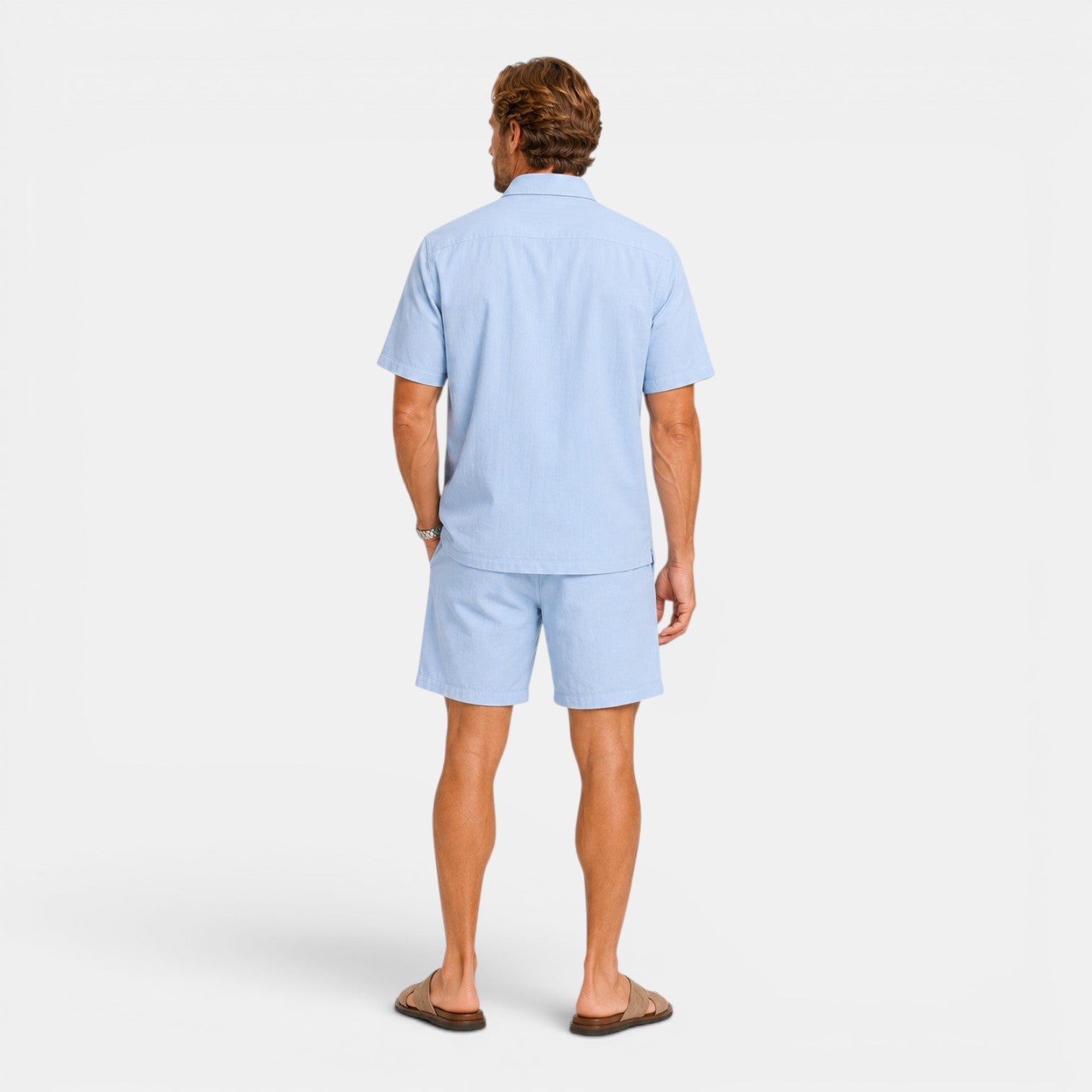 Monvaline | Men's Linen Blend Shirt and Shorts Set Breathable Summer Wear