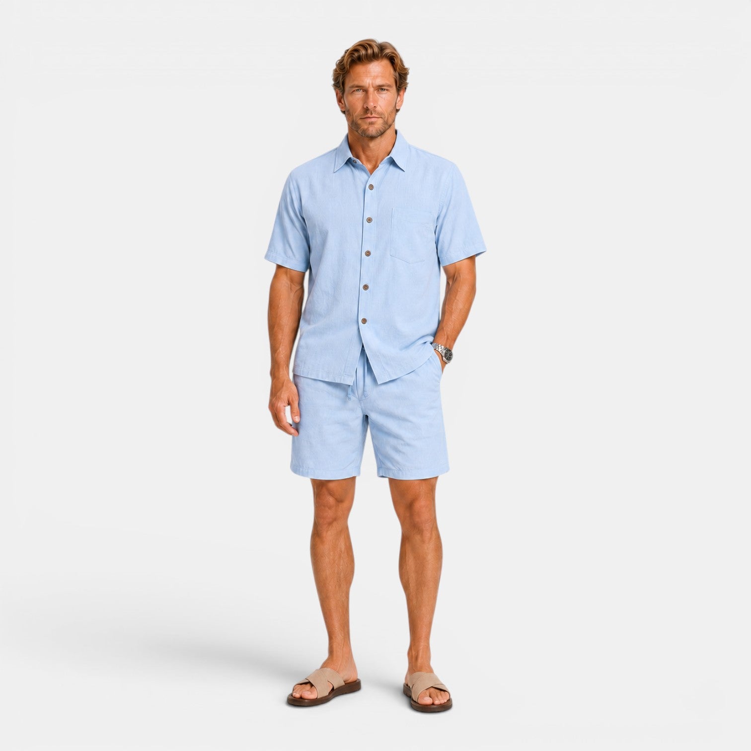 Monvaline | Men's Linen Blend Shirt and Shorts Set Breathable Summer Wear