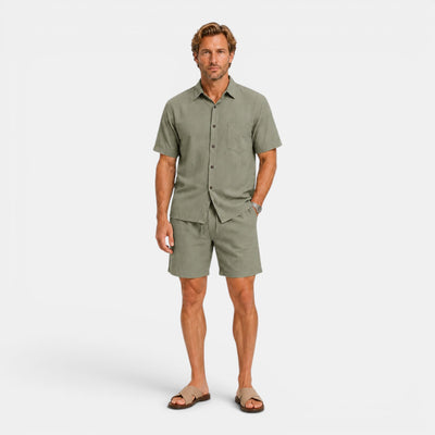 Monvaline | Men's Linen Blend Shirt and Shorts Set Breathable Summer Wear