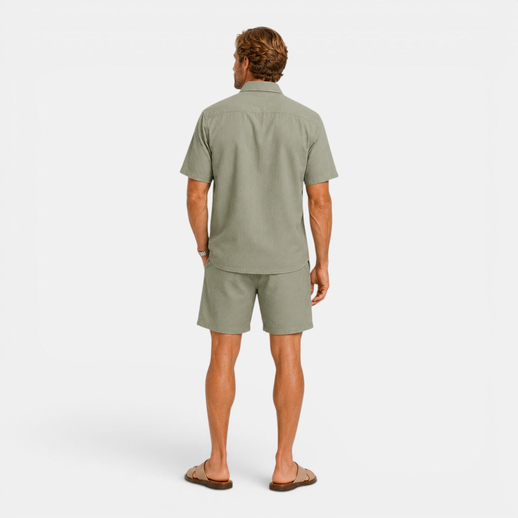 Monvaline | Men's Linen Blend Shirt and Shorts Set Breathable Summer Wear