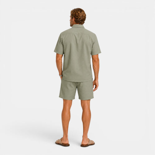Monvaline | Men's Linen Blend Shirt and Shorts Set Breathable Summer Wear