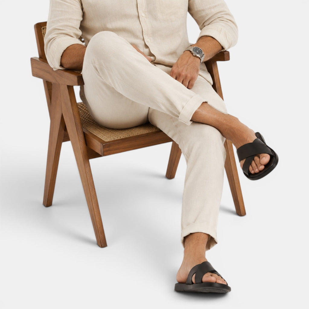 Monvaline | Men's Leather Cross Strap Slide Sandals – Comfort Summer Fit