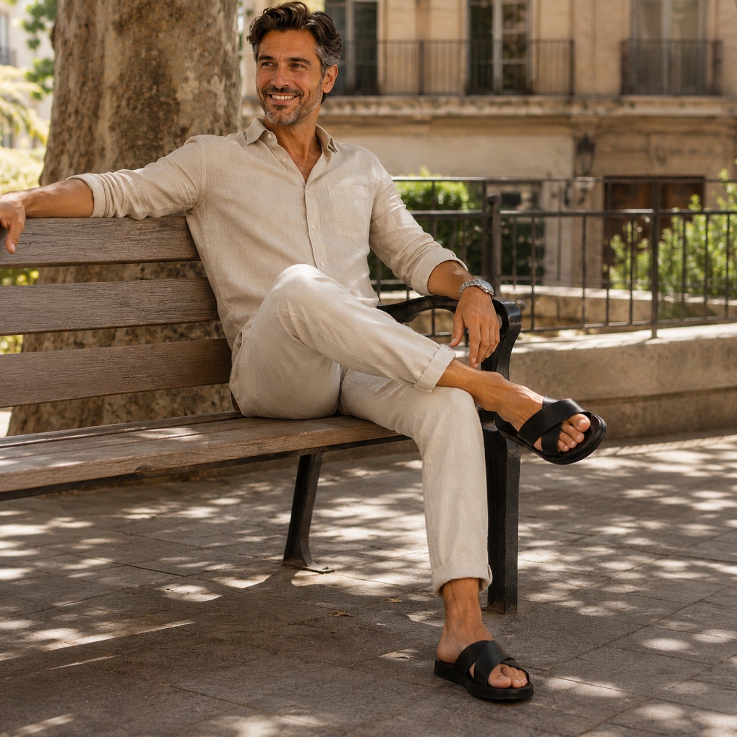 Monvaline | Men's Leather Cross Strap Slide Sandals – Comfort Summer Fit