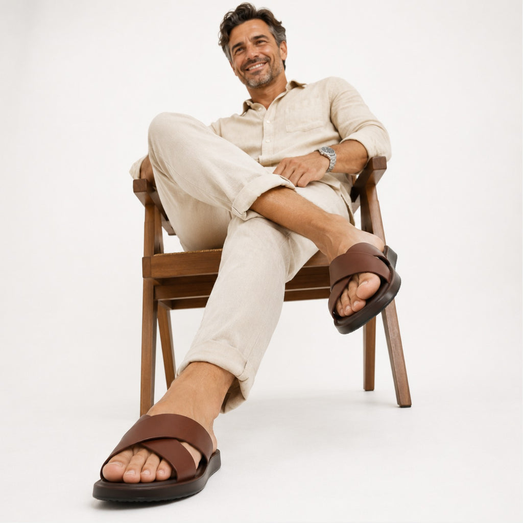 Monvaline | Men's Leather Cross Strap Slide Sandals – Comfort Summer Fit