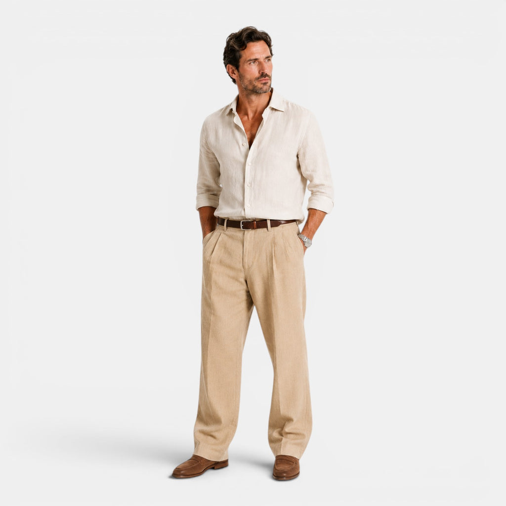 Monvaline | Men's Linen Smart Casual Trousers Straight Leg Loose Fit