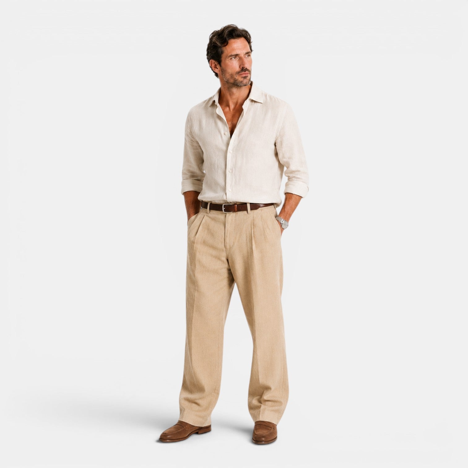 Monvaline | Men's Linen Smart Casual Trousers Straight Leg Loose Fit