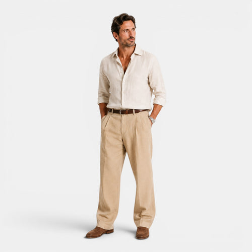 Monvaline | Men's Linen Smart Casual Trousers Straight Leg Loose Fit