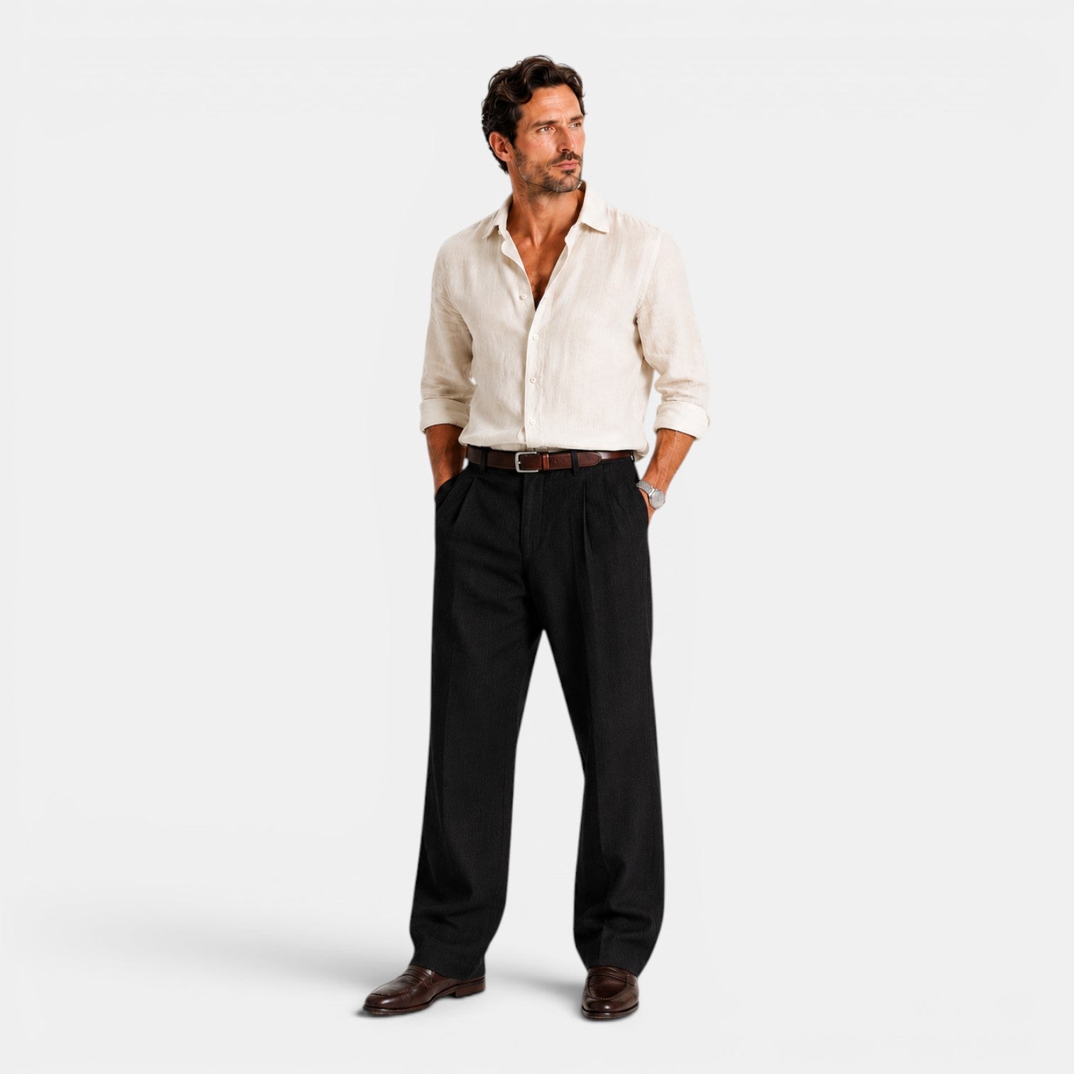 Monvaline | Men's Linen Smart Casual Trousers Straight Leg Loose Fit