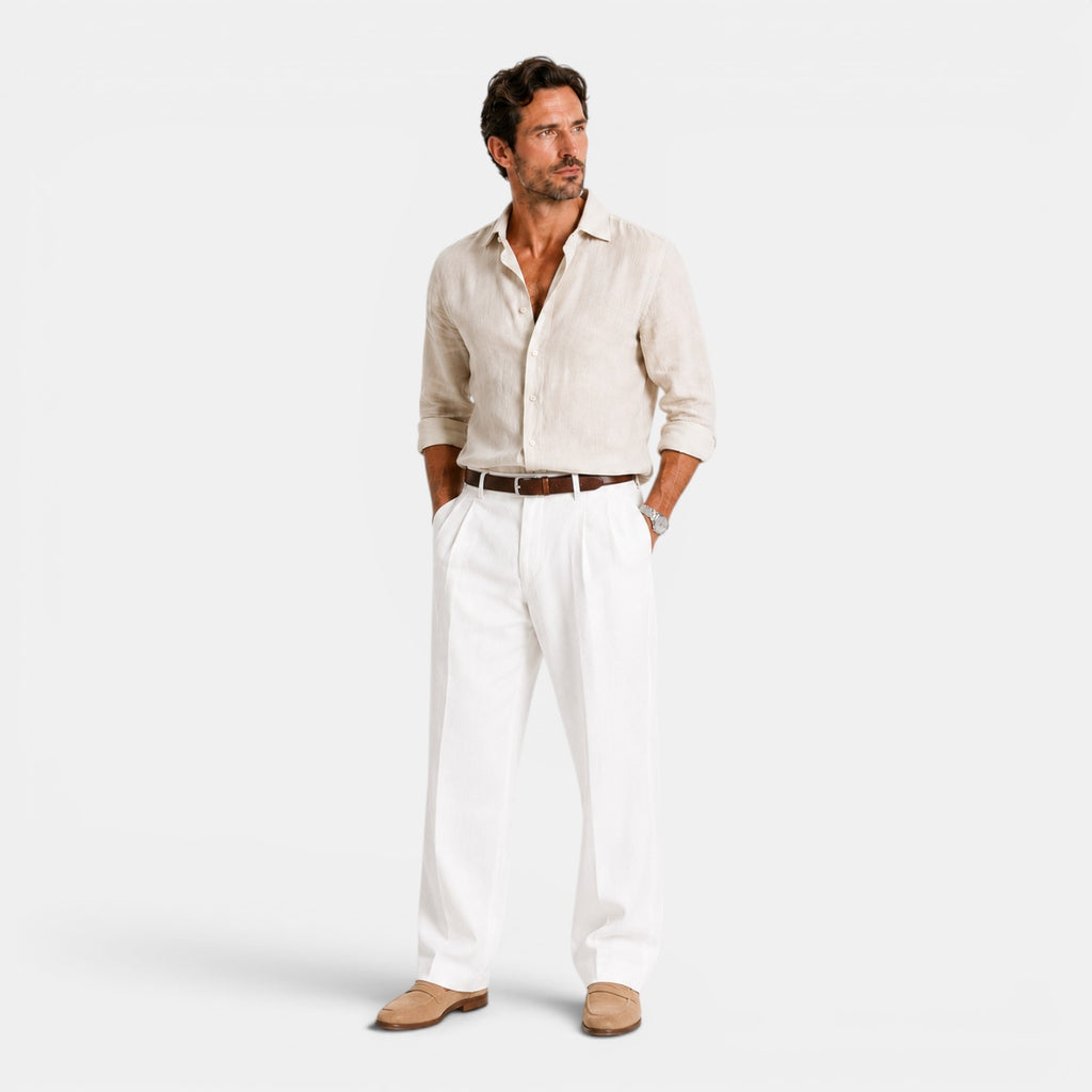 Monvaline | Men's Linen Smart Casual Trousers Straight Leg Loose Fit