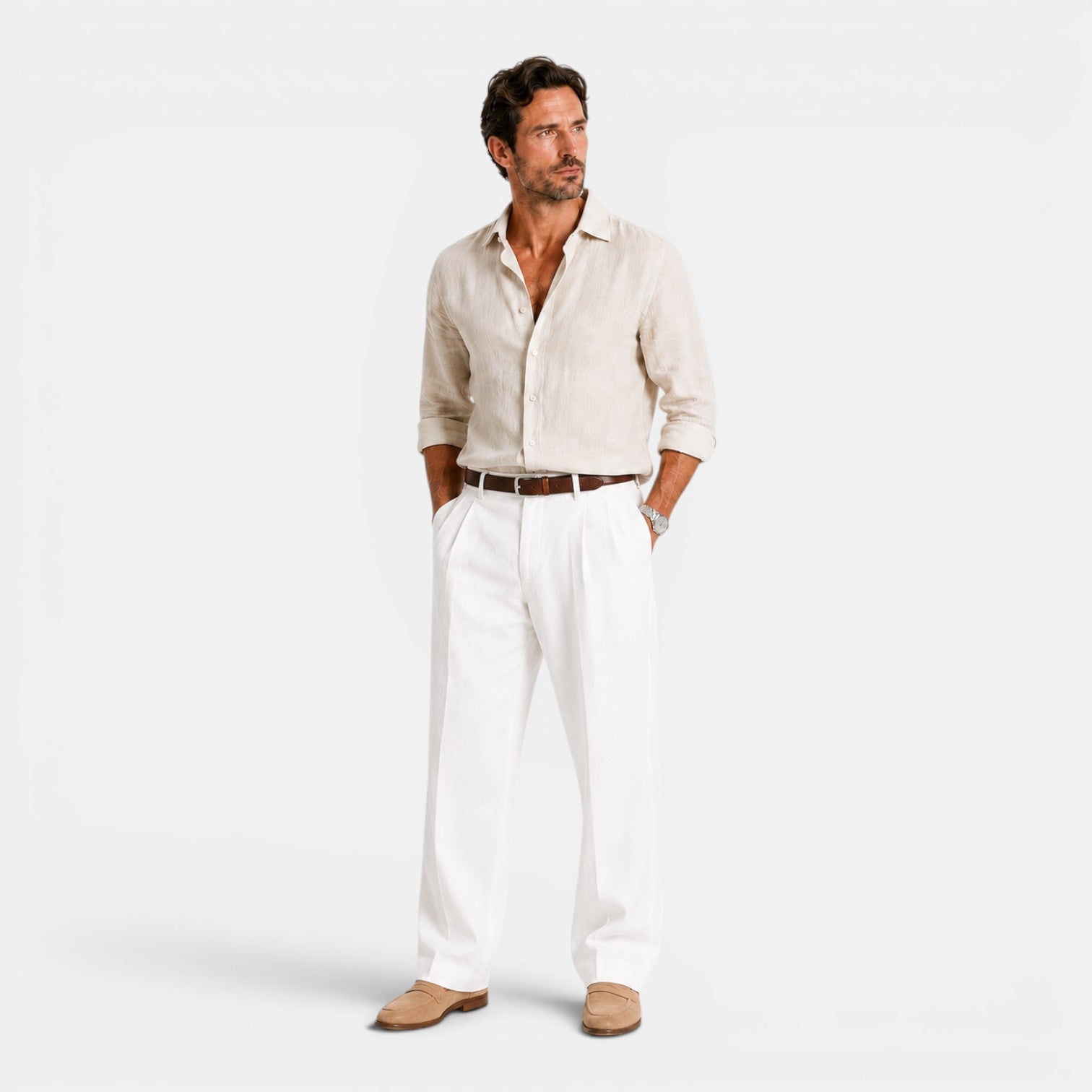 Monvaline | Men's Linen Smart Casual Trousers Straight Leg Loose Fit