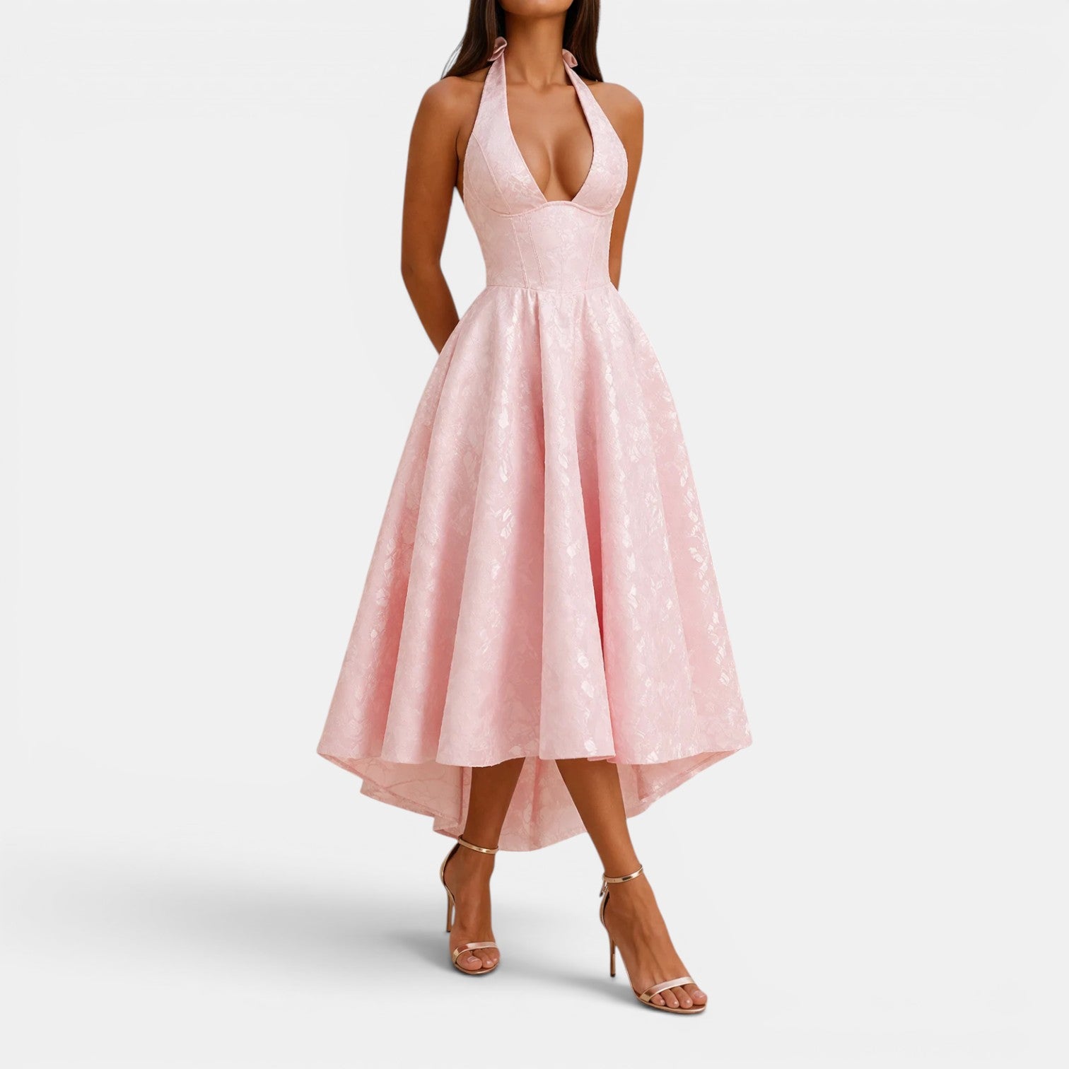 Monvaline | Women's Wedding Guest Jacquard Midi Dress Halter Neck V-Neck