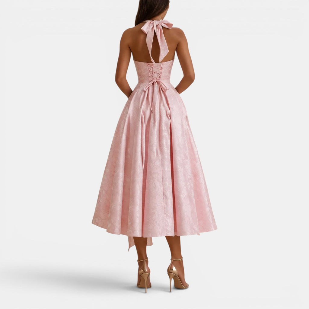 Monvaline | Women's Wedding Guest Jacquard Midi Dress Halter Neck V-Neck