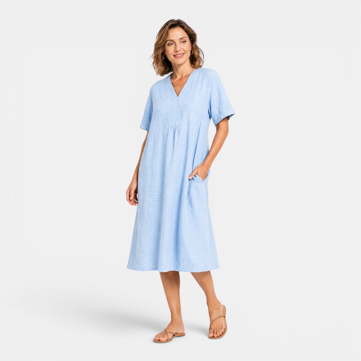 Monvaline | Women's Cotton Linen Midi Dress for Summer Casual Wear