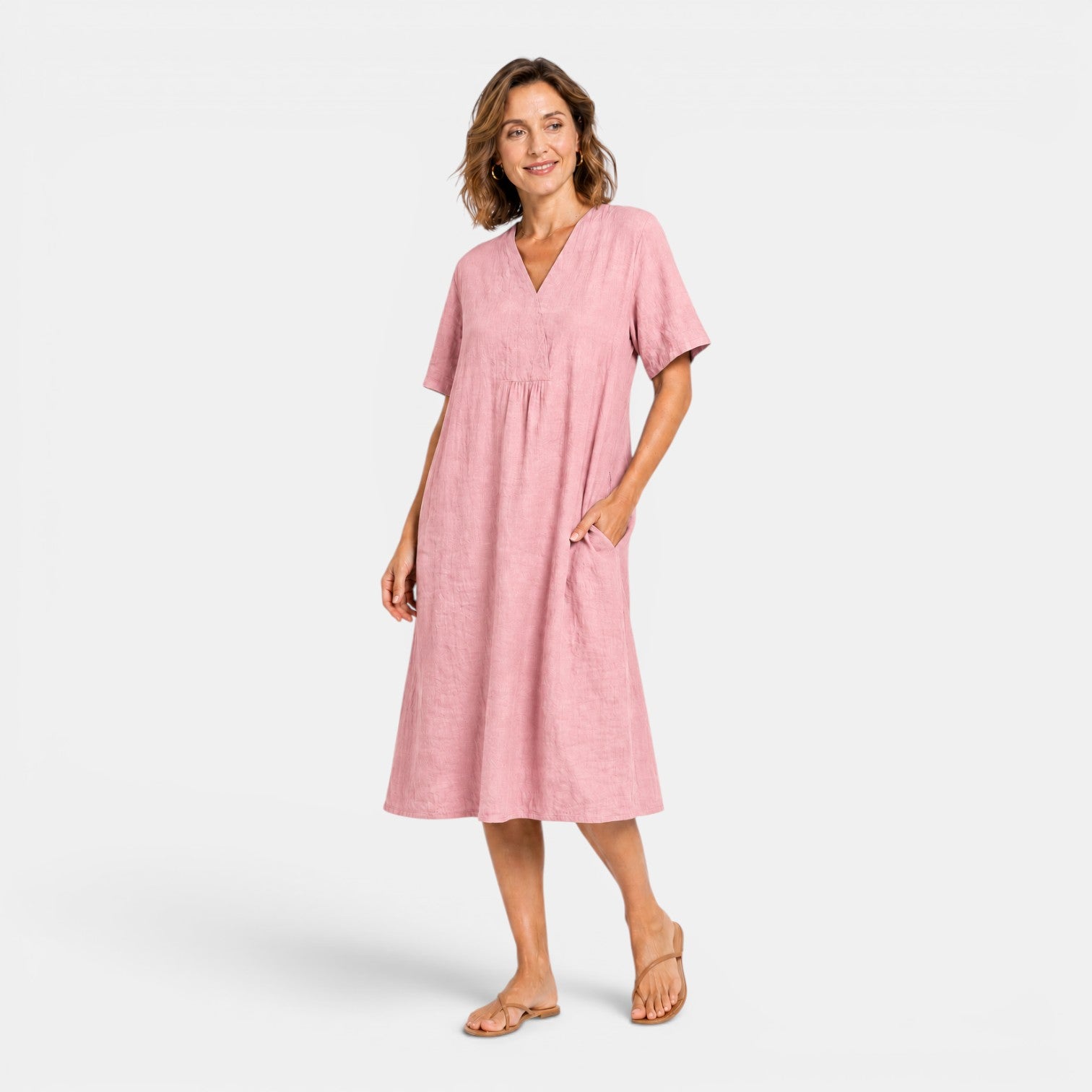 Monvaline | Women's Cotton Linen Midi Dress for Summer Casual Wear