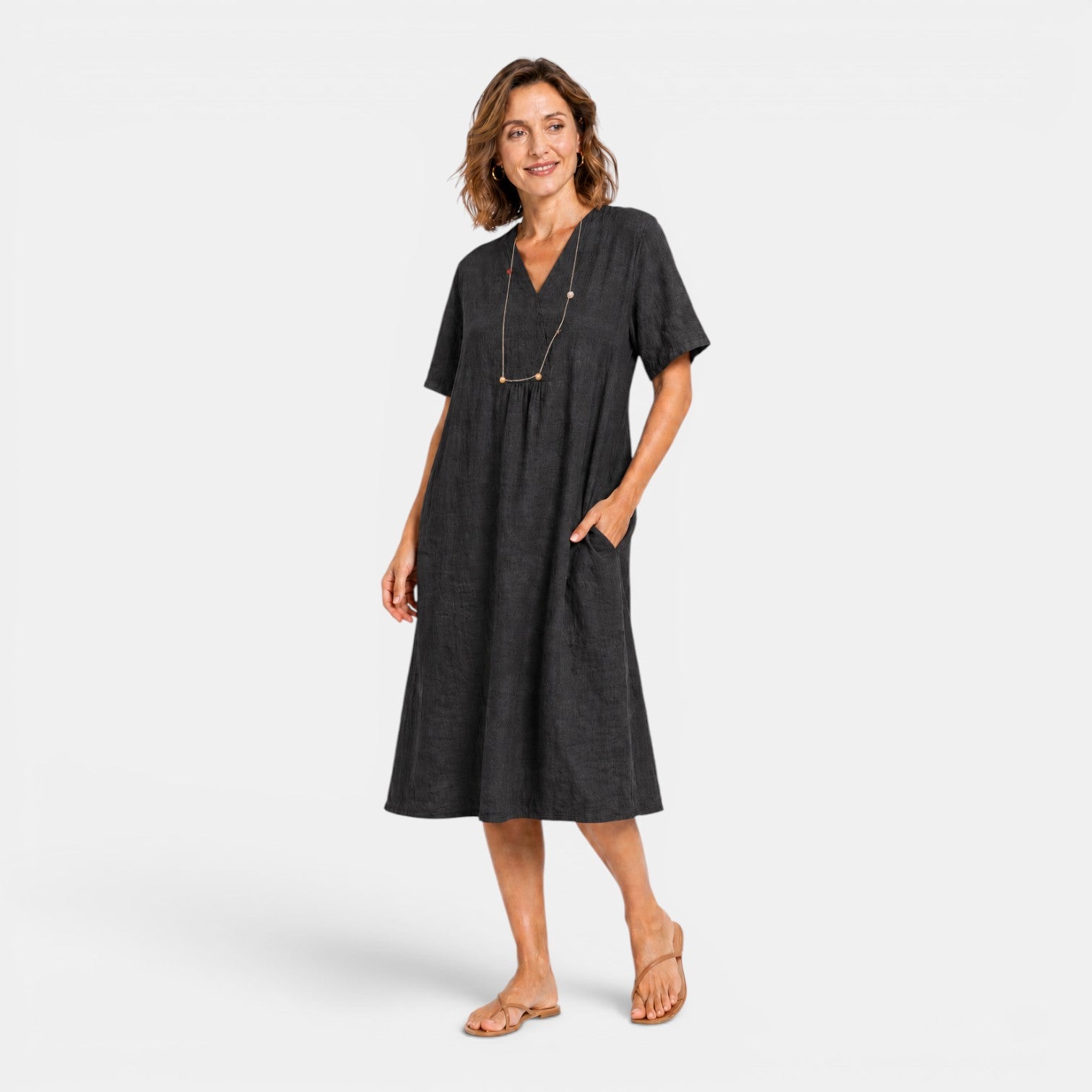 Monvaline | Women's Cotton Linen Midi Dress for Summer Casual Wear