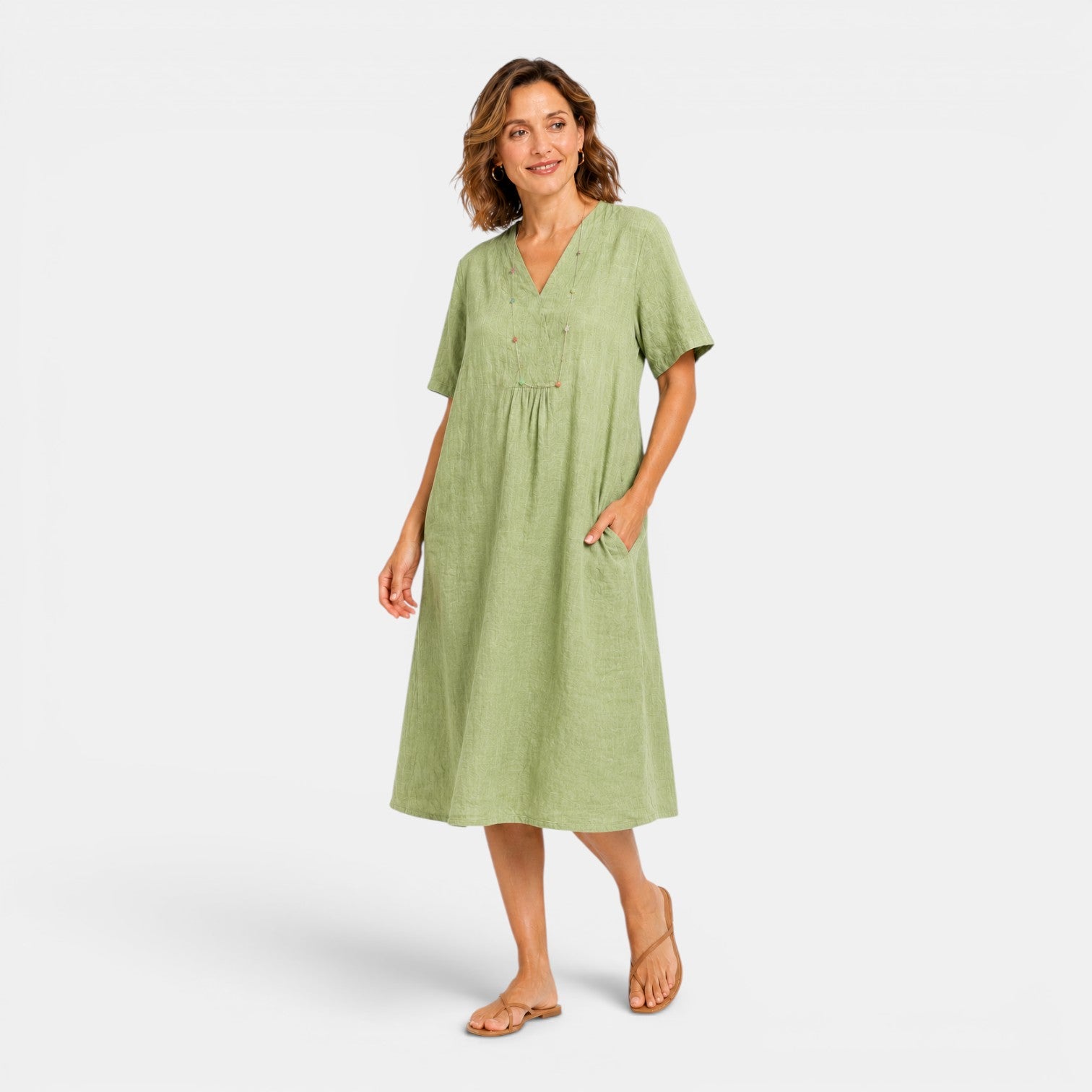 Monvaline | Women's Cotton Linen Midi Dress for Summer Casual Wear