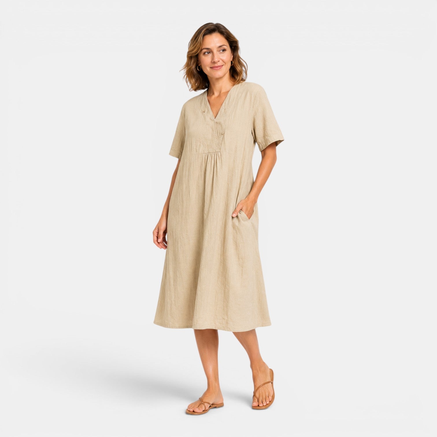 Monvaline | Women's Cotton Linen Midi Dress for Summer Casual Wear