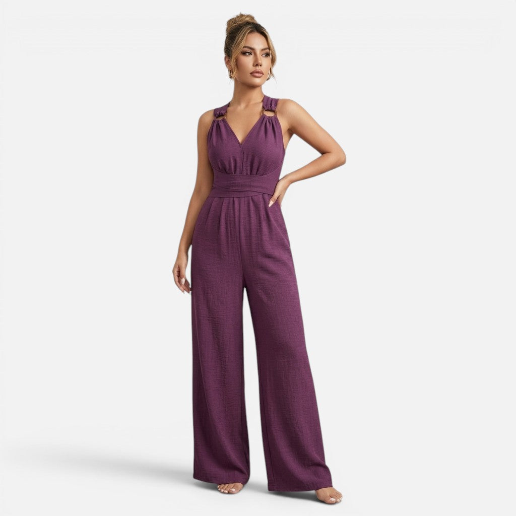 Monvaline | Women’s V-Neck Crisscross Tie Jumpsuit
