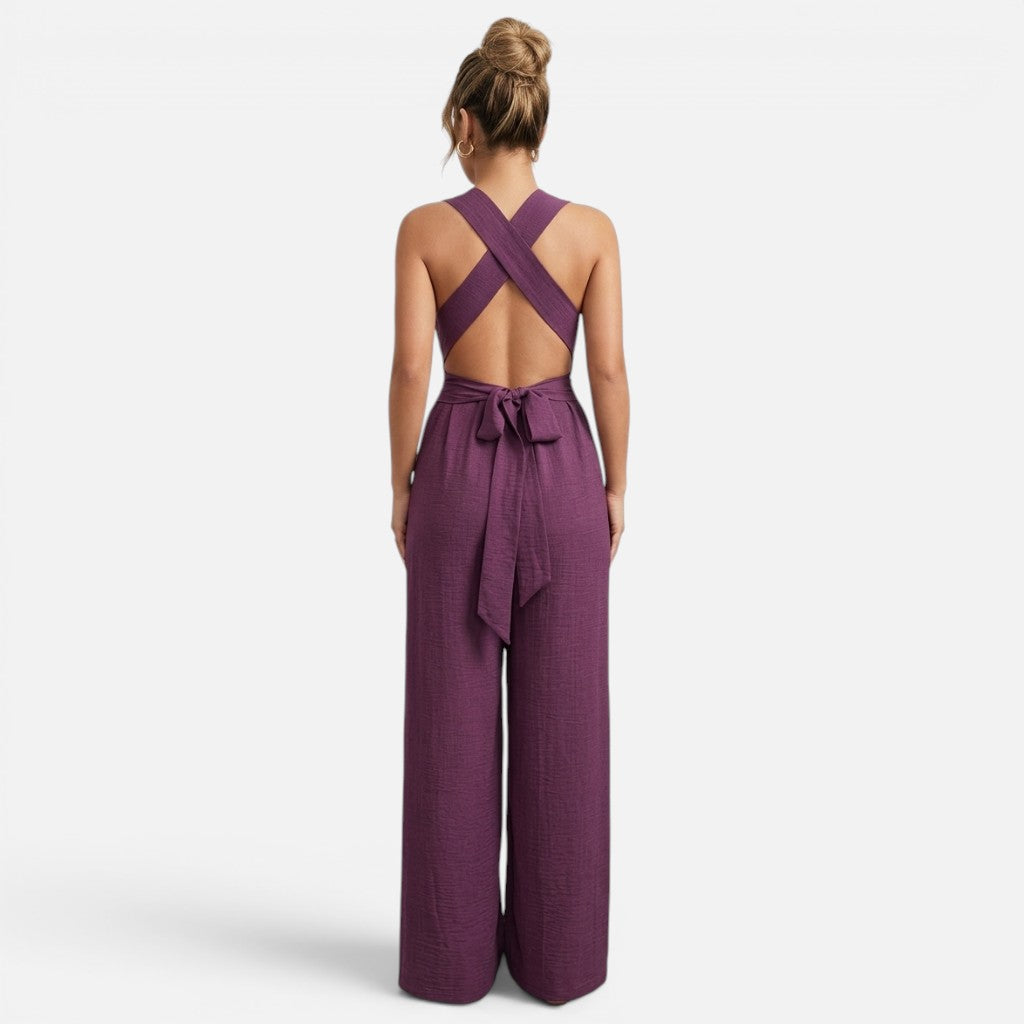 Monvaline | Women’s V-Neck Crisscross Tie Jumpsuit
