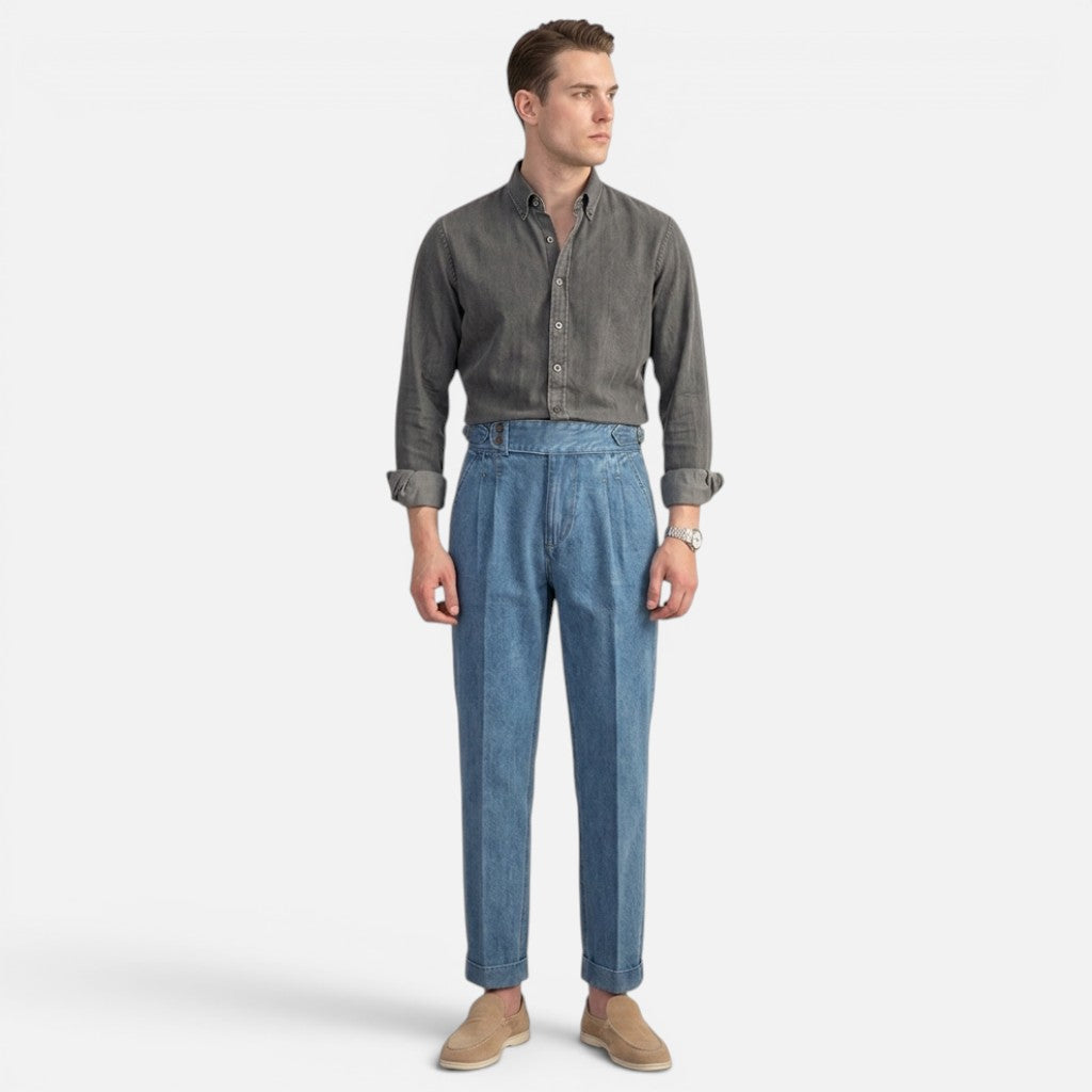 Monvaline | Men’s Vintage Pleated Denim Trousers