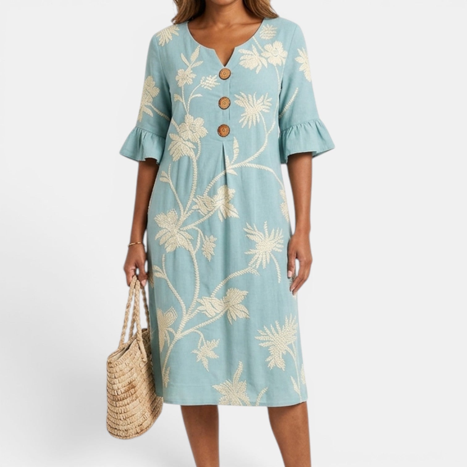 Monvaline | Women’s Holiday Midi Dress – Loose V-Neck Summer Outfit