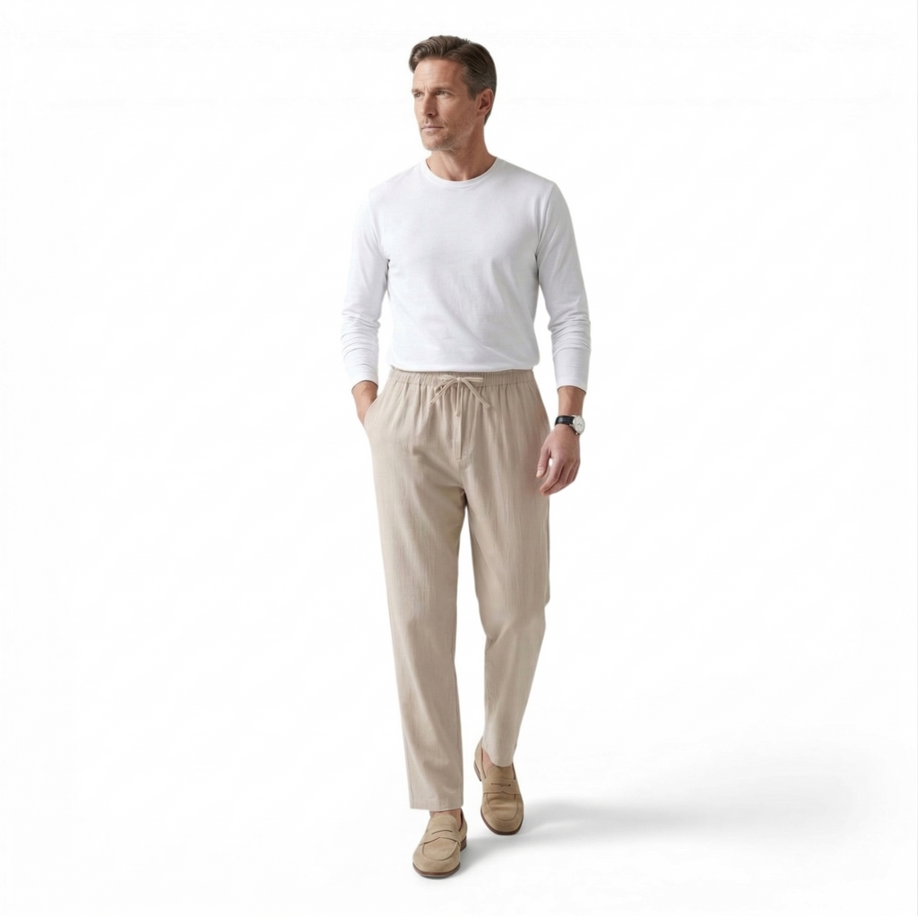 Monvaline | Men’s Linen Pants Breathable Comfort Relaxed Fit Summer Trousers