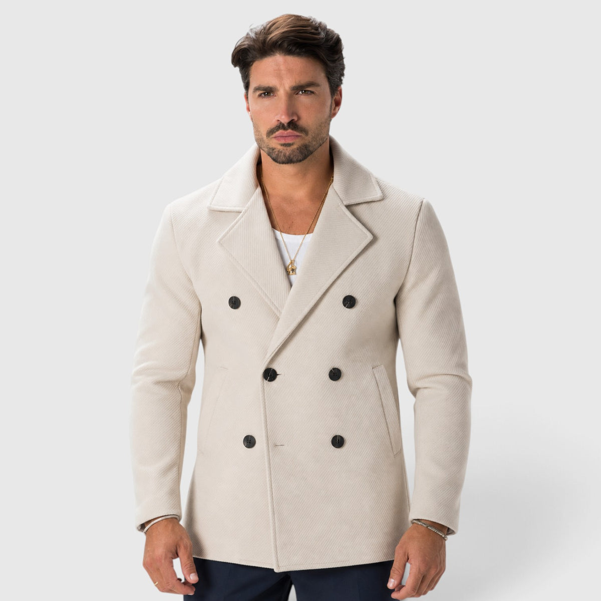 Monvaline | Men’s Cream Double-Breasted Coat Italian-Made Regular Fit