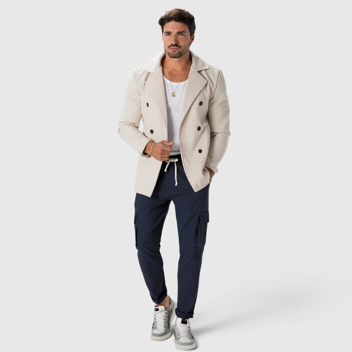 Monvaline | Men’s Cream Double-Breasted Coat Italian-Made Regular Fit