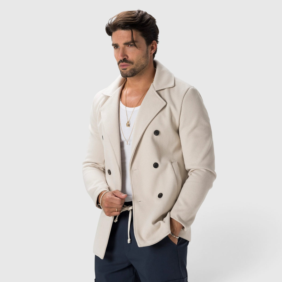 Monvaline | Men’s Cream Double-Breasted Coat Italian-Made Regular Fit