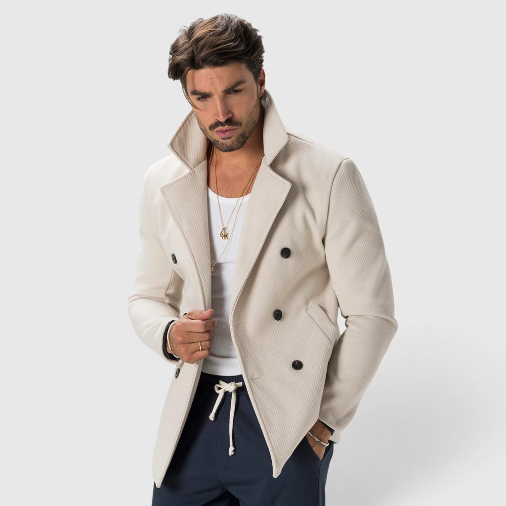 Monvaline | Men’s Cream Double-Breasted Coat Italian-Made Regular Fit