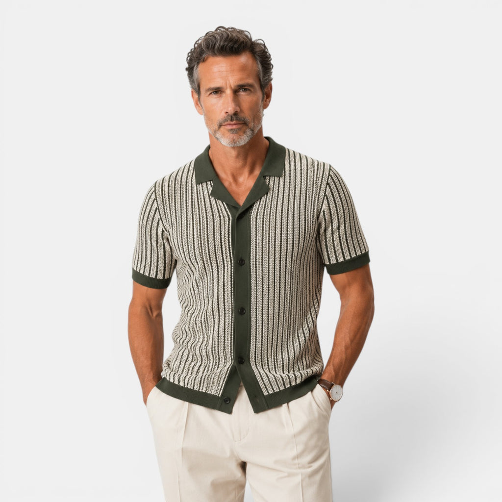 Monvaline | Men's Knitted Striped Shirt Lightweight Summer Relaxed Fit