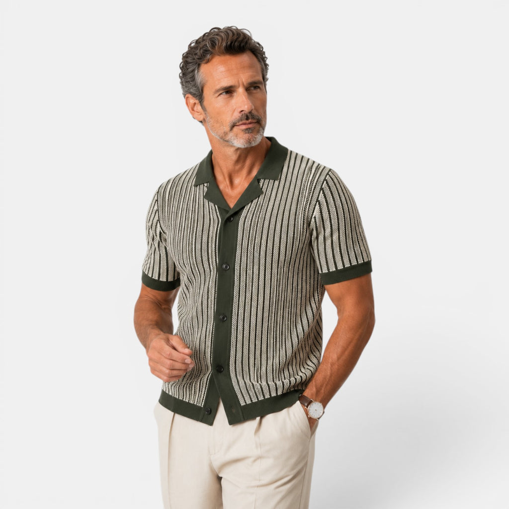 Monvaline | Men's Knitted Striped Shirt Lightweight Summer Relaxed Fit