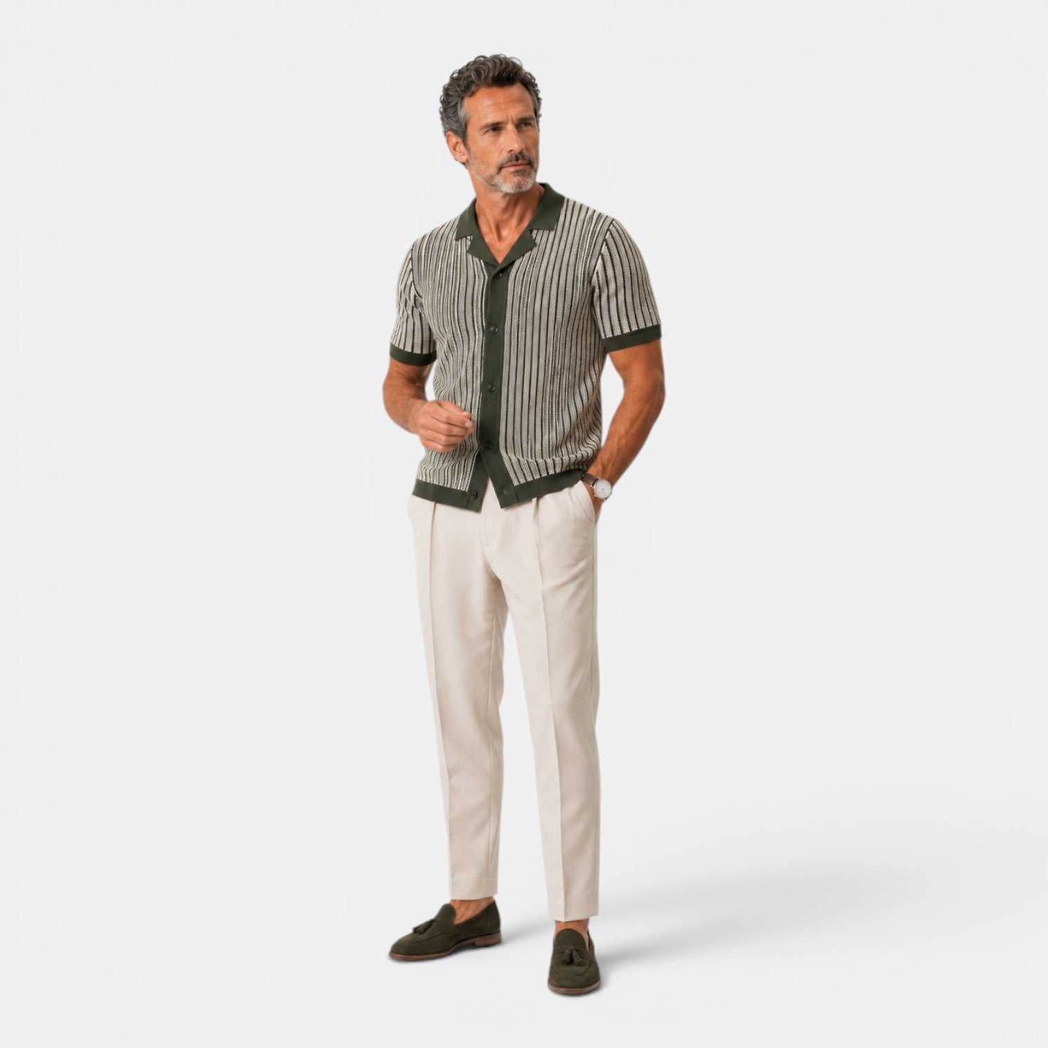 Monvaline | Men's Knitted Striped Shirt Lightweight Summer Relaxed Fit