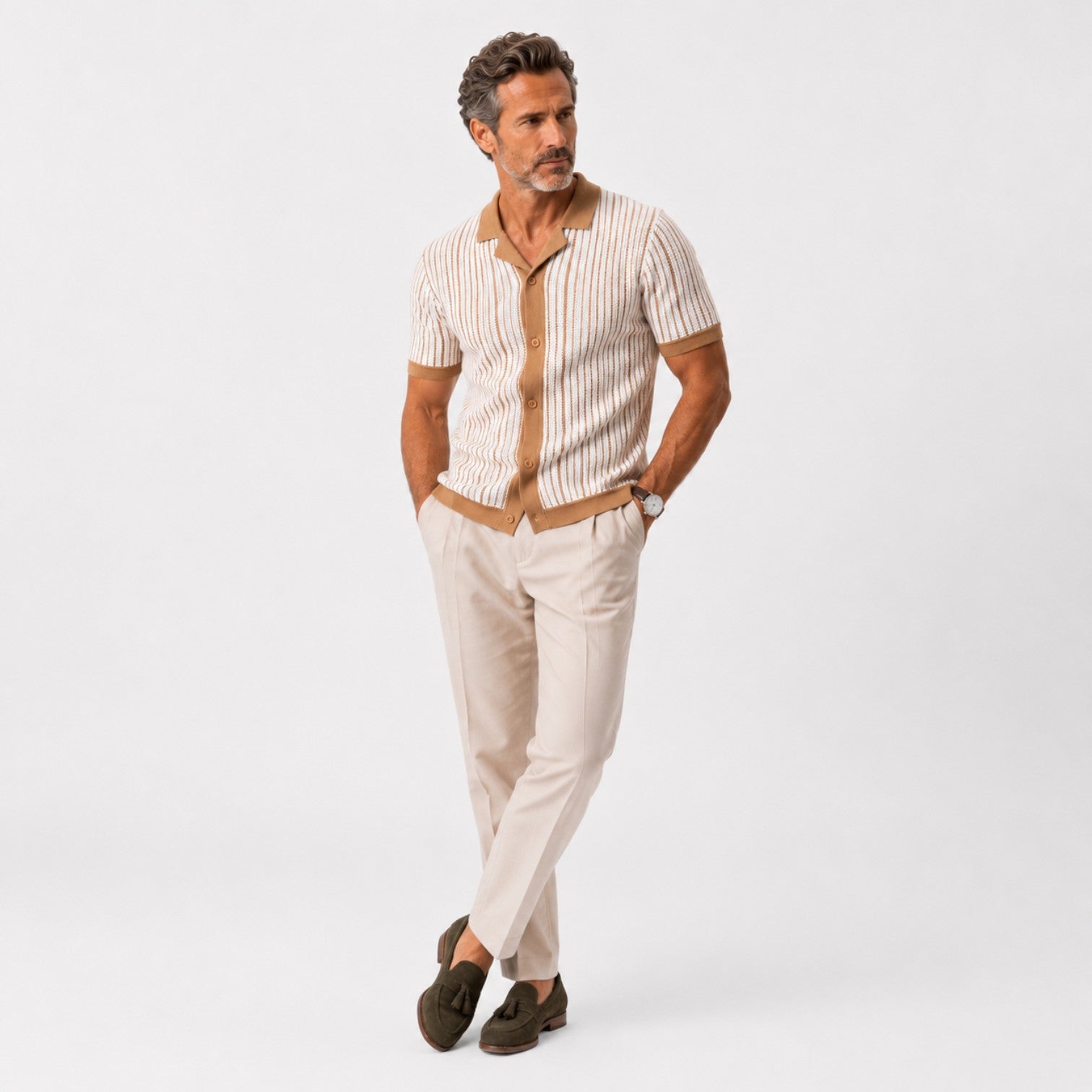 Monvaline | Men's Knitted Striped Shirt Lightweight Summer Relaxed Fit