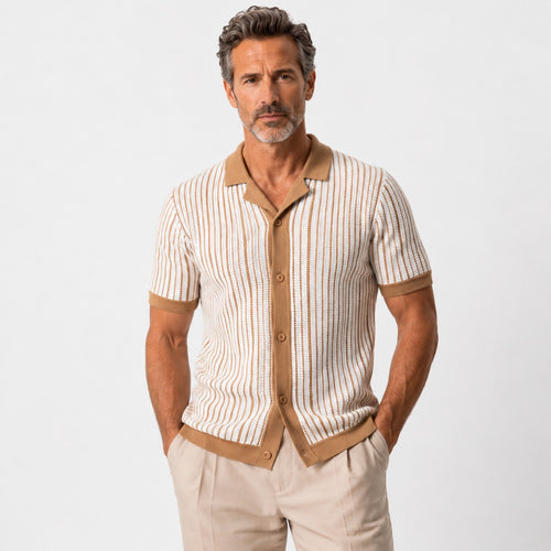 Monvaline | Men's Knitted Striped Shirt Lightweight Summer Relaxed Fit