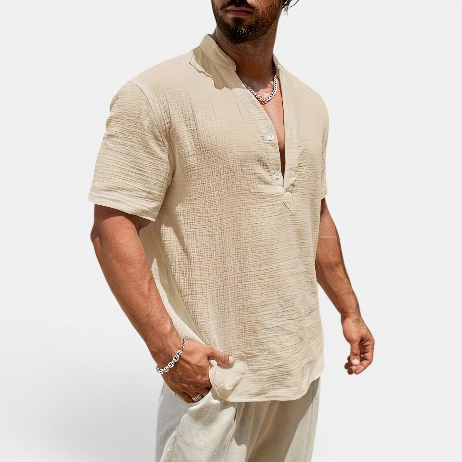 Monvaline | Men’s Lightweight Summer Shirt – Textured Stand Collar