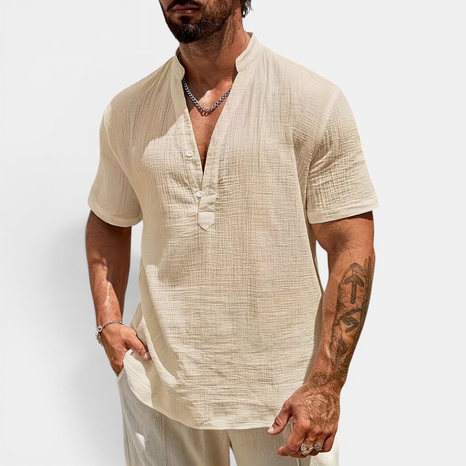 Monvaline | Men’s Lightweight Summer Shirt – Textured Stand Collar