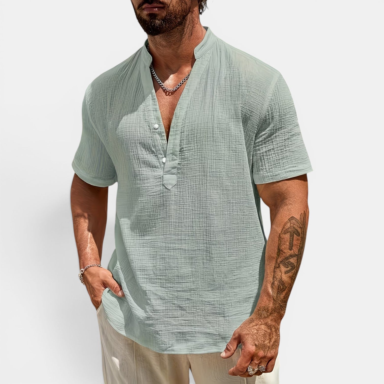 Monvaline | Men’s Lightweight Summer Shirt – Textured Stand Collar