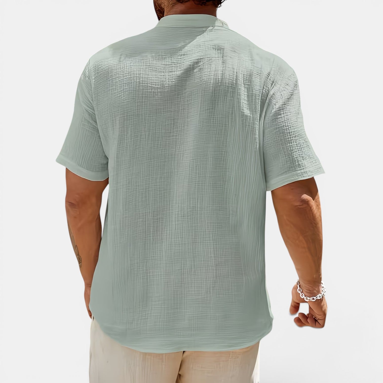 Monvaline | Men’s Lightweight Summer Shirt – Textured Stand Collar