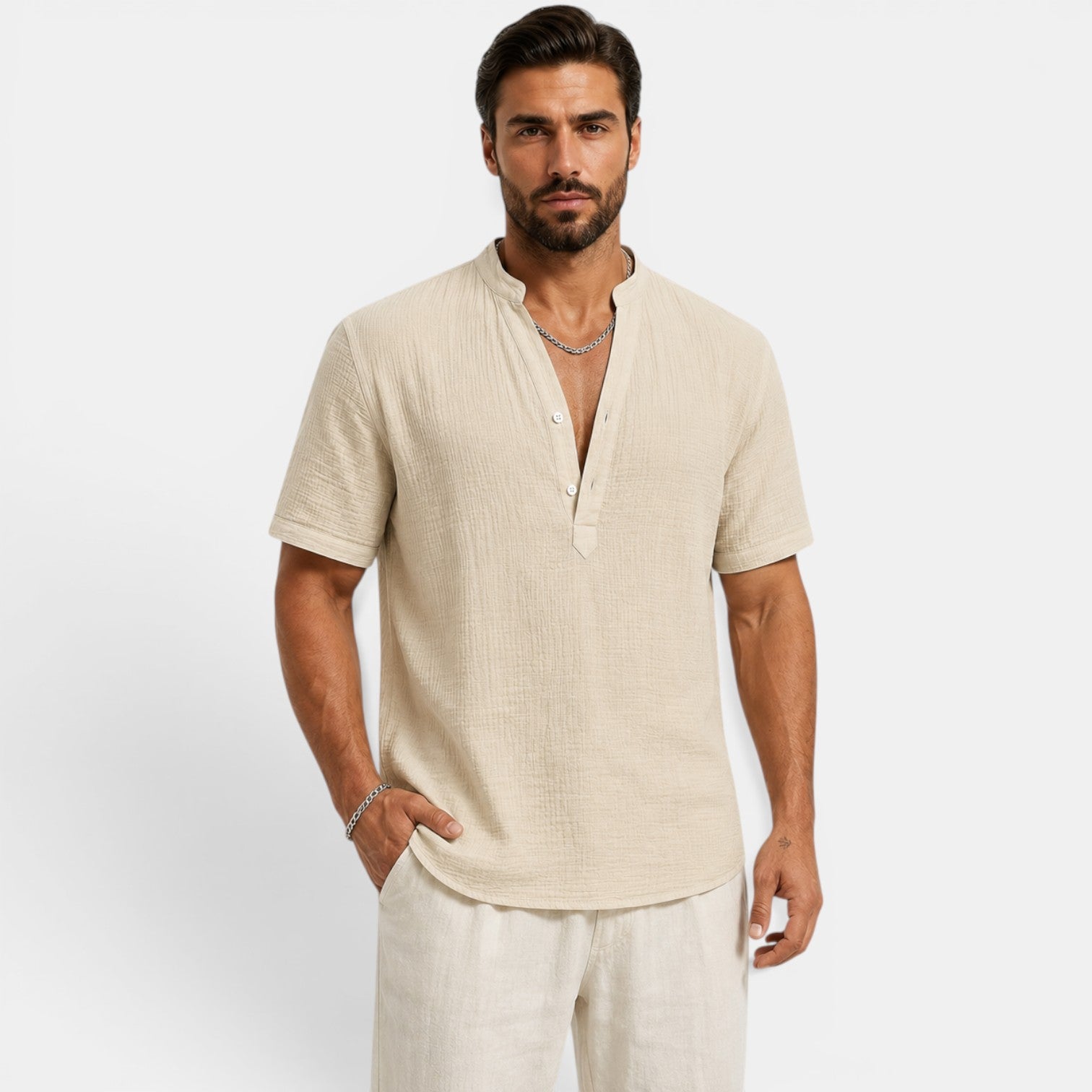 Monvaline | Men’s Lightweight Summer Shirt – Textured Stand Collar