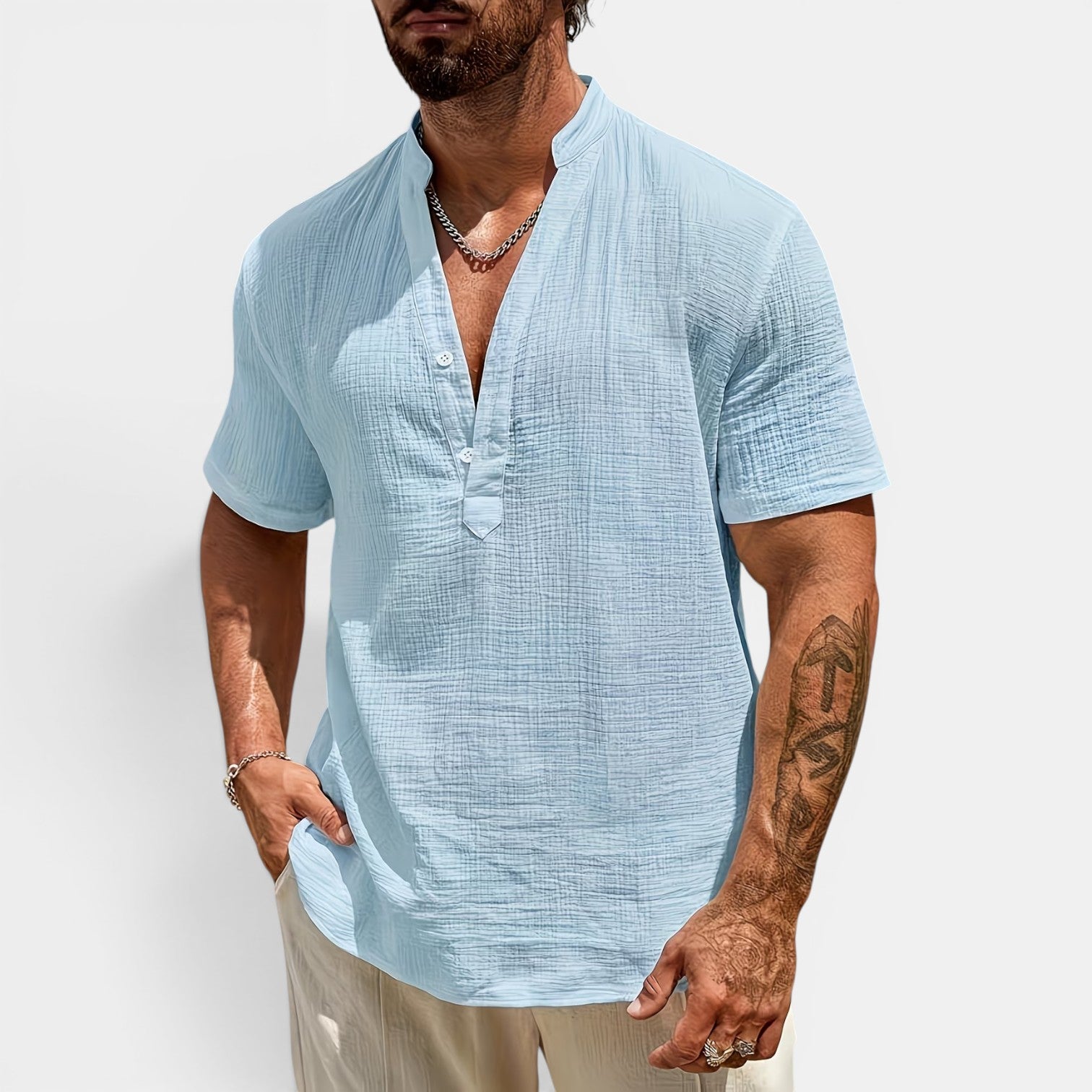 Monvaline | Men’s Lightweight Summer Shirt – Textured Stand Collar