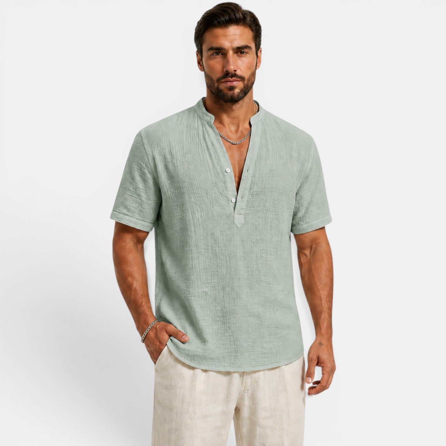 Monvaline | Men’s Lightweight Summer Shirt – Textured Stand Collar