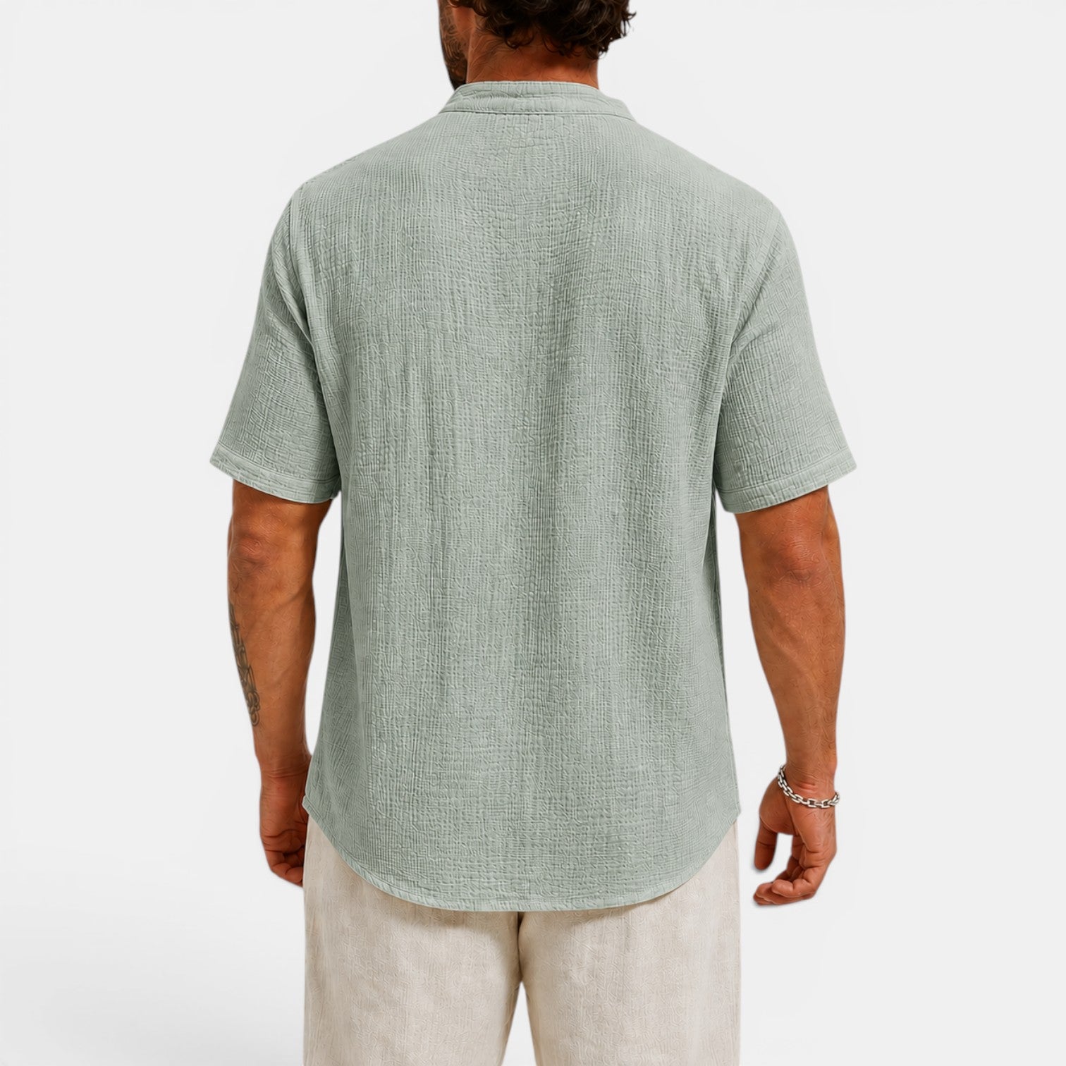 Monvaline | Men’s Lightweight Summer Shirt – Textured Stand Collar